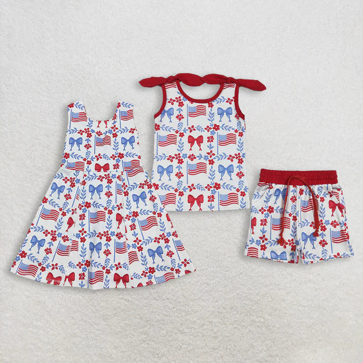 Sibling Baby Girls Flag Flower Bows Checked Pockets Short 4th of July Clothes Set Active Dresses