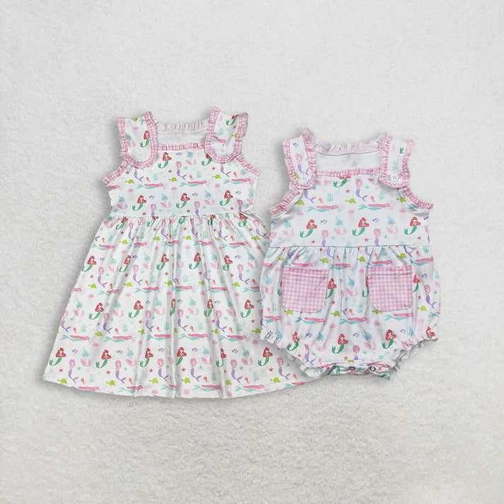 Sibling Baby Girls Sleeveless Mermaid Fishes Knee Length Dress Rompers