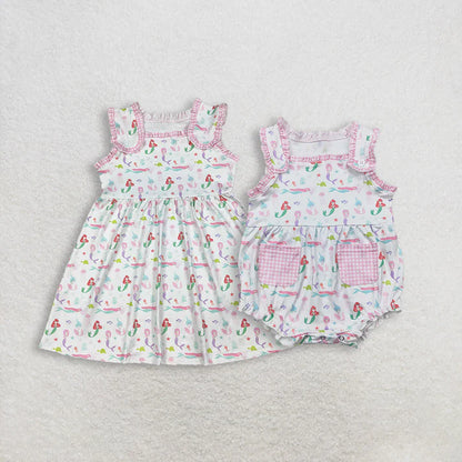 Sibling Baby Girls Sleeveless Mermaid Fishes Knee Length Dress Rompers