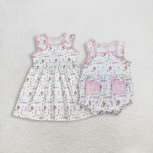 Sibling Baby Girls Sleeveless Mermaid Fishes Knee Length Dress Rompers
