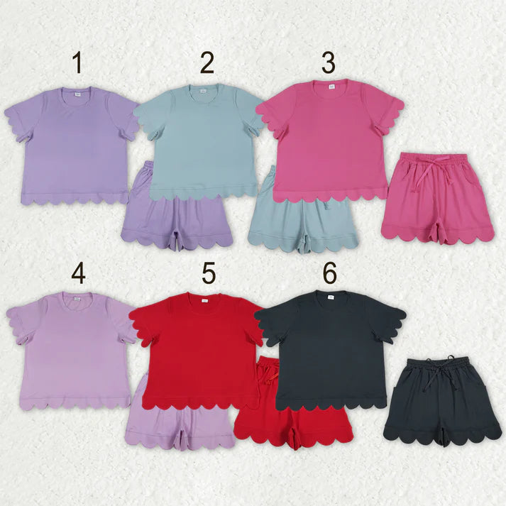 Sibling Adult Women Clothes Short Sleeve Shirts Top Pockets Short Scallop Clothes Sets