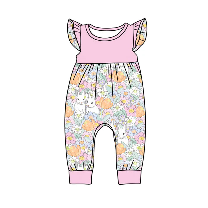 Preorder (moq 5)Baby Girls Flutter Sleeve Flowers Rabbits Easter Pant Rompers 12.24