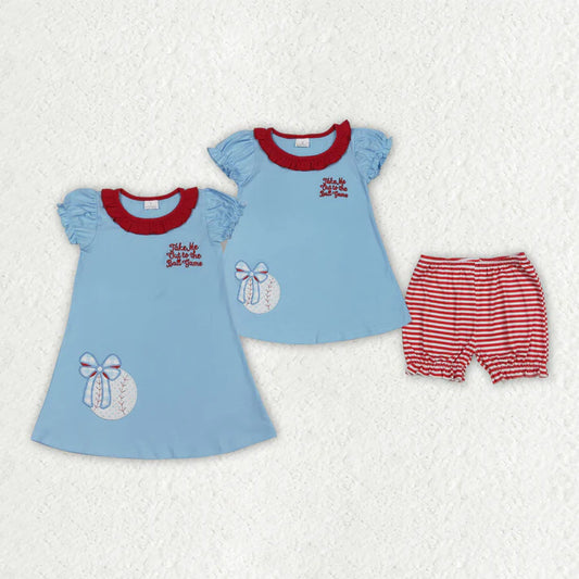 Sibling Baby Girls Embroidery Baseballs Ruffle Short Team Clothes Set Knee Length Dresses