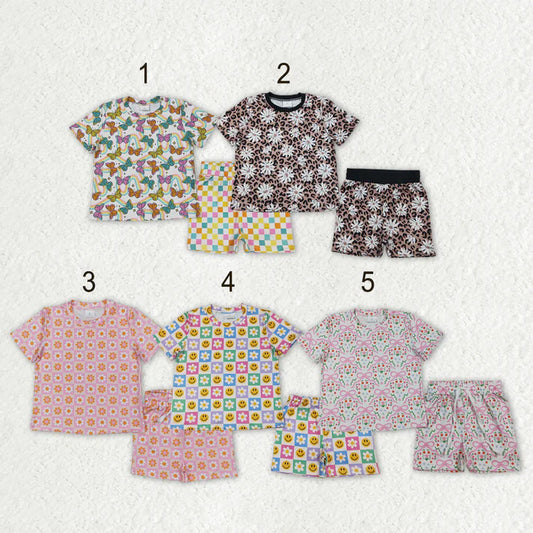 Sibling Baby Girls Colorful Flowers Butterfly Top Short Slouchy Clothes Sets