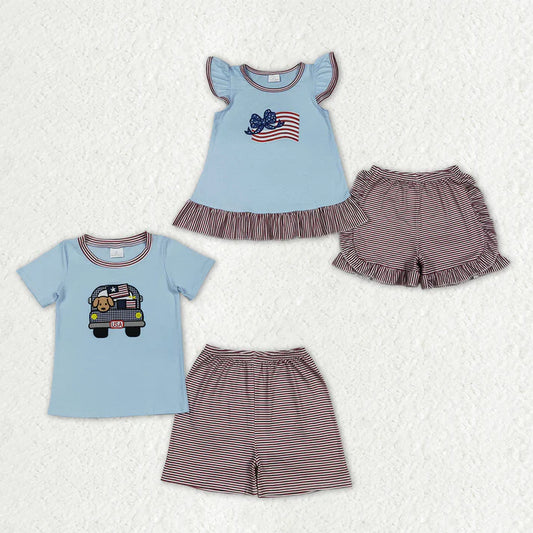 Sibling Baby Boys Girls Embroidery Dog Bows Flags Top Short 4th of July Clothes Sets