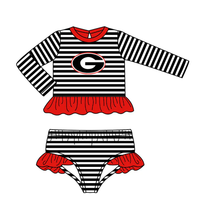 Preorder (moq 5)Baby Girls Black Stripe G Ruffle Top Bummies Team 2 Piece Swimsuits 12.25
