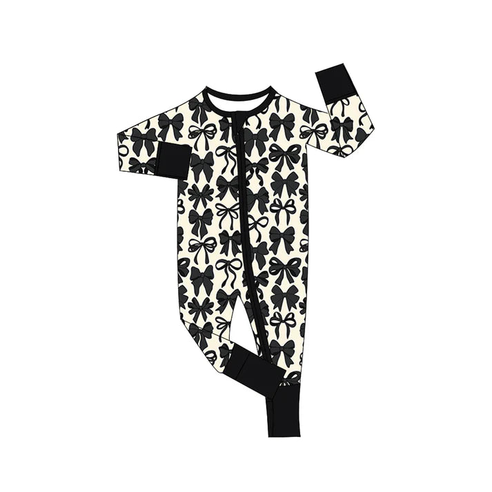 Preorder (moq 5)Baby Girls Black Bows Long Sleeves Zipper Rompers 6.7