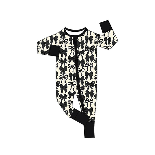 Preorder (moq 5)Baby Girls Black Bows Long Sleeves Zipper Rompers 6.7