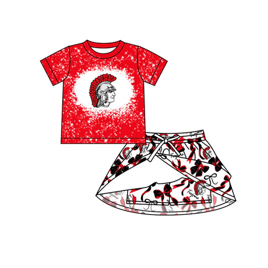 Preorder (moq 5)Baby Girls Short Sleeves Red Trojans Top Bows Skorts Team Sets 6.28