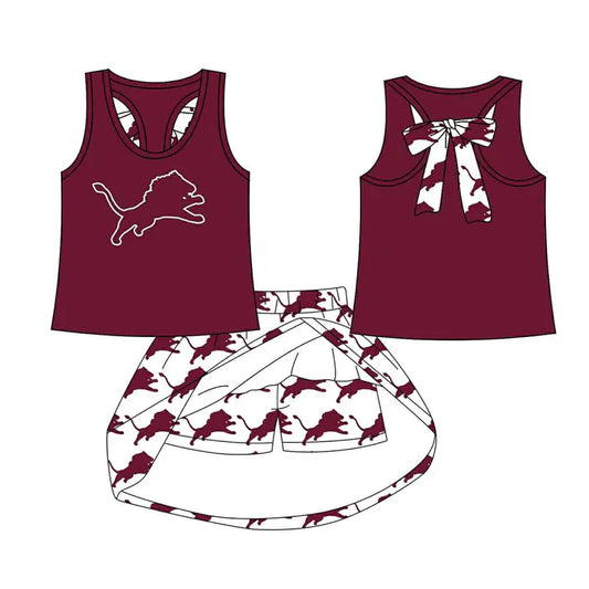 Preorder (moq 5)Baby Girls Wine Horse bow vest team Top Skirt Skort Sets 8.13