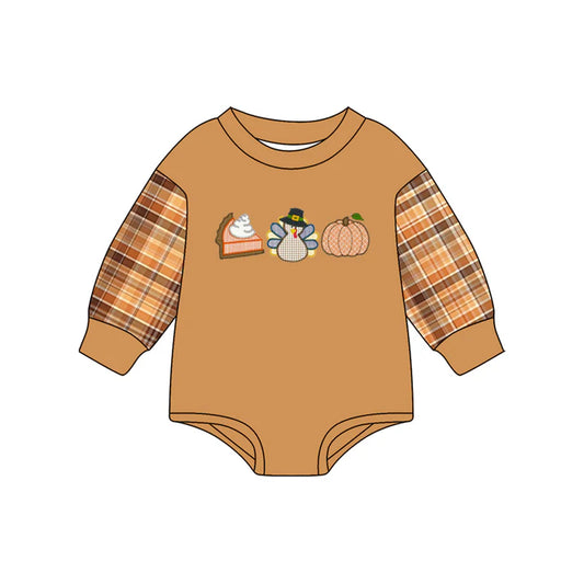 Preorder (moq 5)Baby Boys Brown Long Sleeves Pumpkins Turkey Pie Rompers 6.28