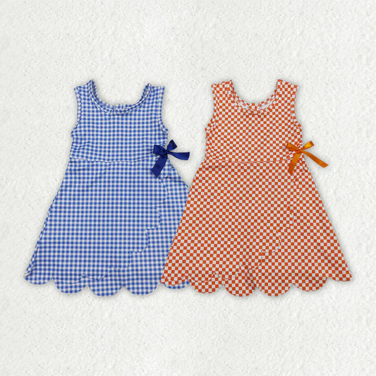 Sibling Baby Girls Blue Orange Checked Yoga Active Shorts Scallop Knee Length Dresses