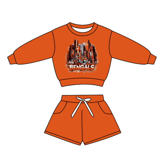 Preorder(moq 5)Baby Boys Long Sleeve Bengals Tigers Top Pockets Shorts Team Clothes Sets 12.16