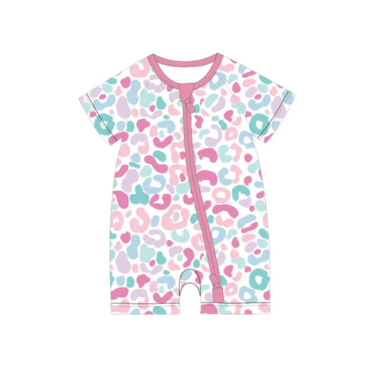 Preorder moq 5 Baby Girls Short Sleeves Colorful Leopard Zipper Rompers 4.29