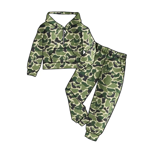 Preorder (moq 5)Baby Boys Bright Green Camouflage Zipper Pullovers Pockets Jogging Sets 8.29