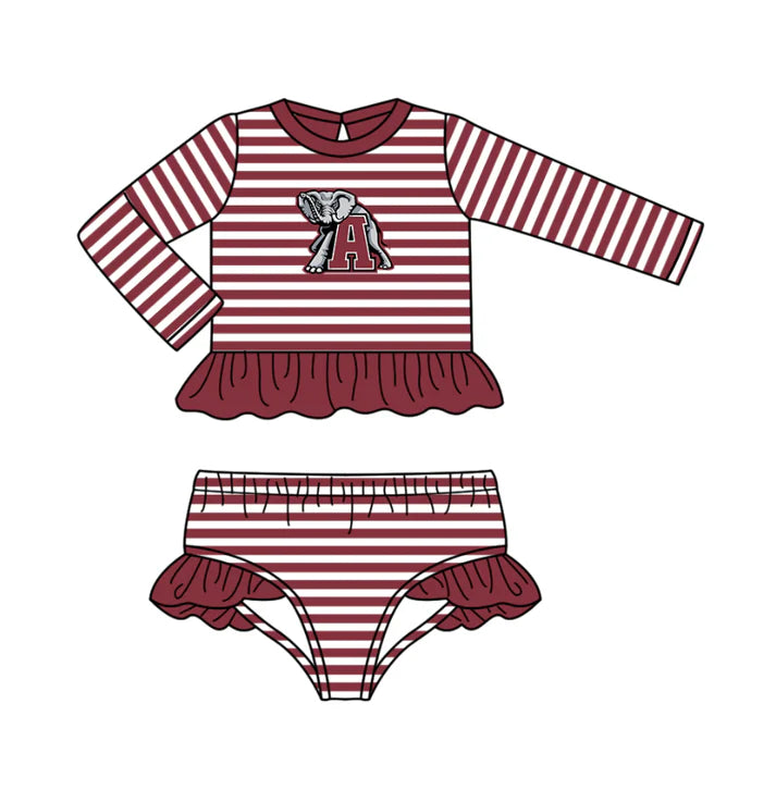 Preorder (moq 5)Baby Girls Red Stripe A Elephants Ruffle Top Bummies Team 2 Piece Swimsuits 12.25