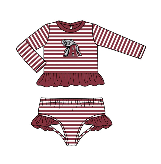 Preorder (moq 5)Baby Girls Red Stripe A Elephants Ruffle Top Bummies Team 2 Piece Swimsuits 12.25