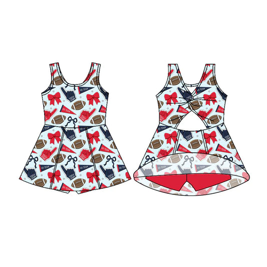 Preorder (moq 5)Baby Girls Sleeveless Red Hot Blue Bows Footballs Shorts Team Knee Length Dress 7.17