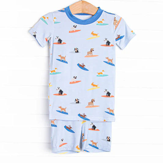 Preorder moq 5 Baby Boys Blue Short Sleeves Dogs Skiing Top Short Pajamas Set 4.30
