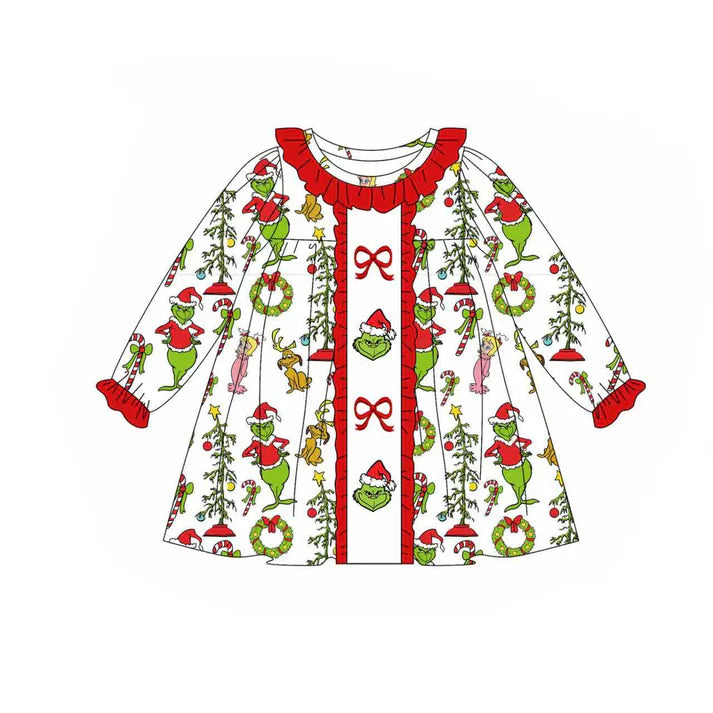 Preorder (moq 8)Baby Girls Green Face Candy Cane Christmas Knee Length Dresses 9.24
