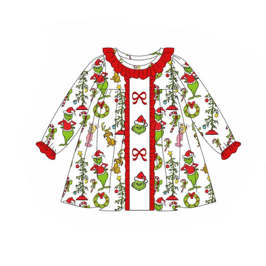 Preorder (moq 8)Baby Girls Green Face Candy Cane Christmas Knee Length Dresses 9.24