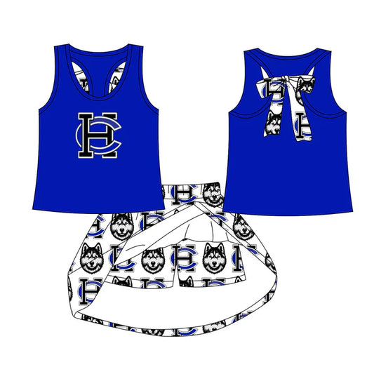 Preorder (moq 5)Baby Girls Blue HC bow vest team Top Skirt Skort Sets 8.13
