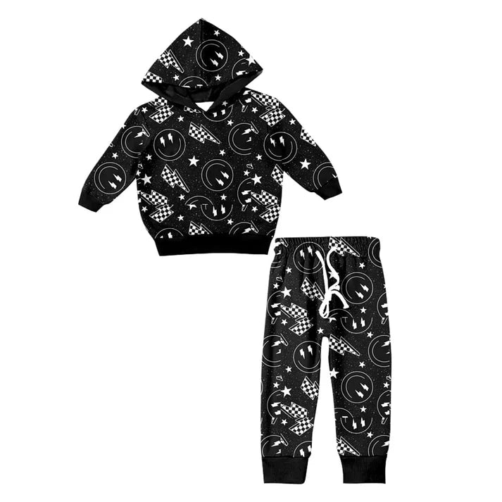 Preorder (moq 5)Baby Girls Black Light Smile Hooded Top Pants Clothes Sets 11.12