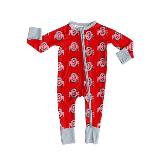 Preorder moq 5 Baby Infant Boys Red Long Sleeves Ohiostate Plaid Zipper Romper 7.12