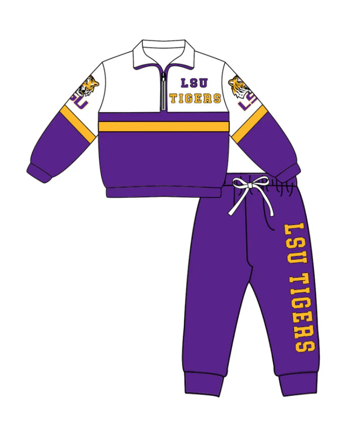 Preorder (moq 5)Baby Boys LSU Tigers Zipper Pullover Jogger Pants Team Clothes Set 1.6