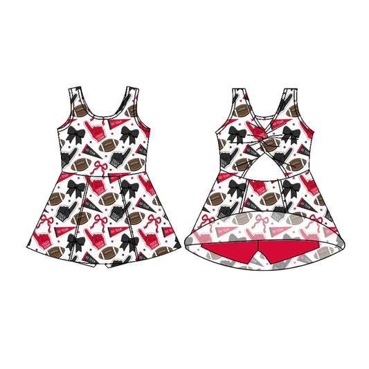 Preorder (moq 5)Baby Girls Sleeveless Red Navy Bows Footballs Shorts Team Knee Length Dress 7.17