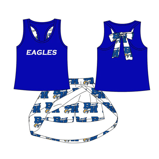 Preorder (moq 5)Baby Girls Blue Eagles bow vest team Top Skirt Skort Sets 7.2