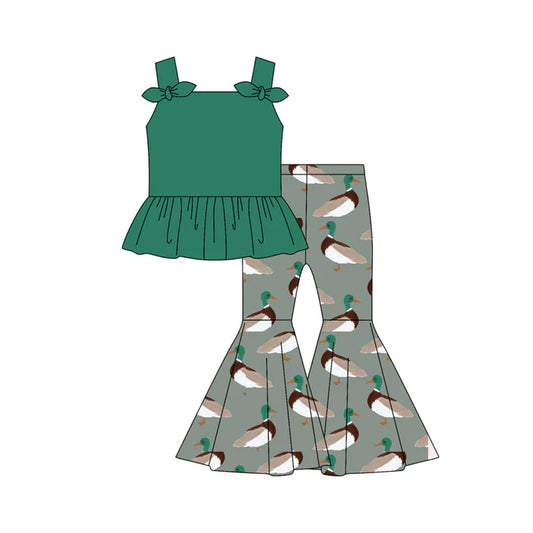 Preorder moq 5 Baby Girls Dark Green Strap Bows Tunic Ducks Bell Bottom Pants Set 4.30
