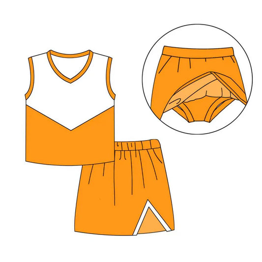 Preorder (moq 8)Baby Girls Orange Cheer Team Top Skort Shorts Clothes Sets 9.24