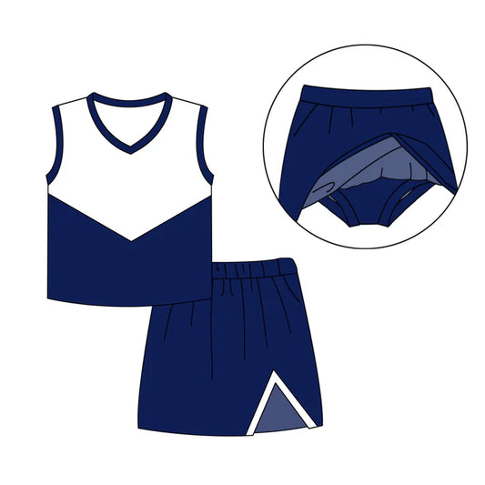 Preorder (moq 8)Baby Girls Navy Cheer Team Top Skort Shorts Clothes Sets 9.24