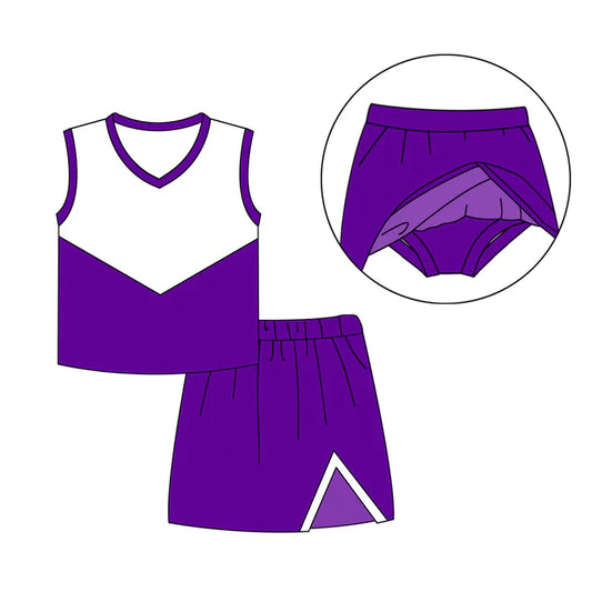 Preorder (moq 8)Baby Girls Purple Cheer Team Top Skort Shorts Clothes Sets 9.24