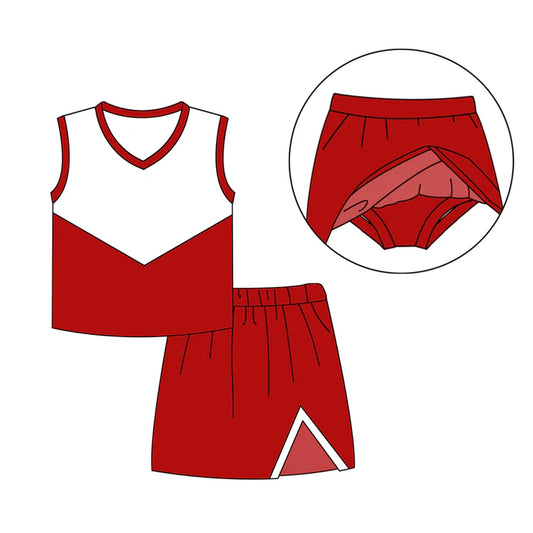 Preorder (moq 8)Baby Girls Red Cheer Team Top Skort Shorts Clothes Sets 9.24