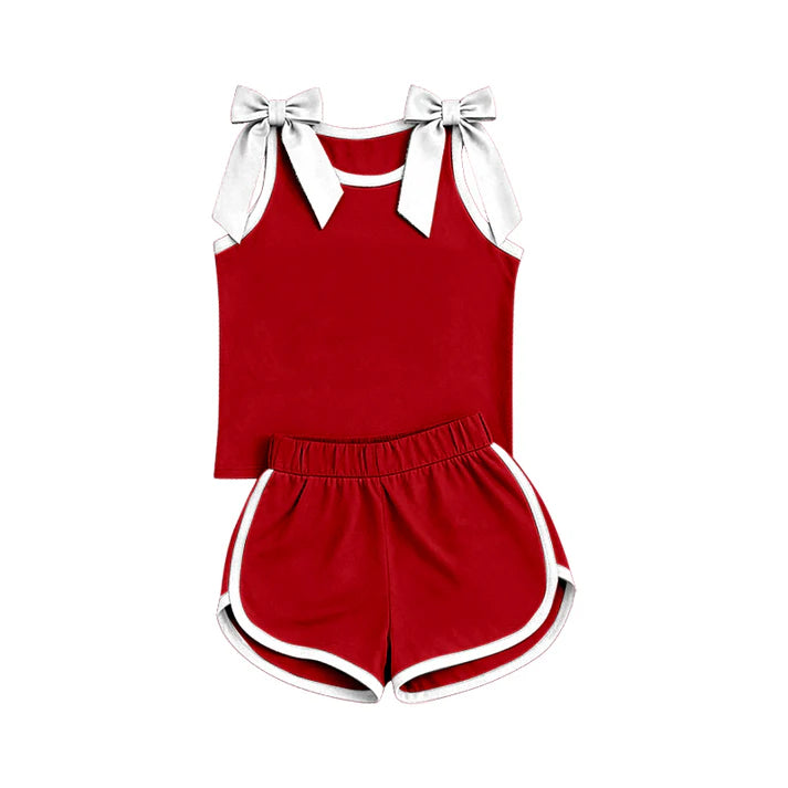 Preorder Baby Girls Red White Bows Sleeveless Top Short Clothes Sets GSD3821