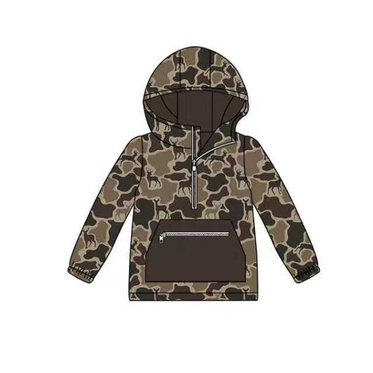 Preorder (moq 8)Baby Boys Dark Brown Deer Camo Zipper Pocket Western Hooded Tops 9.25