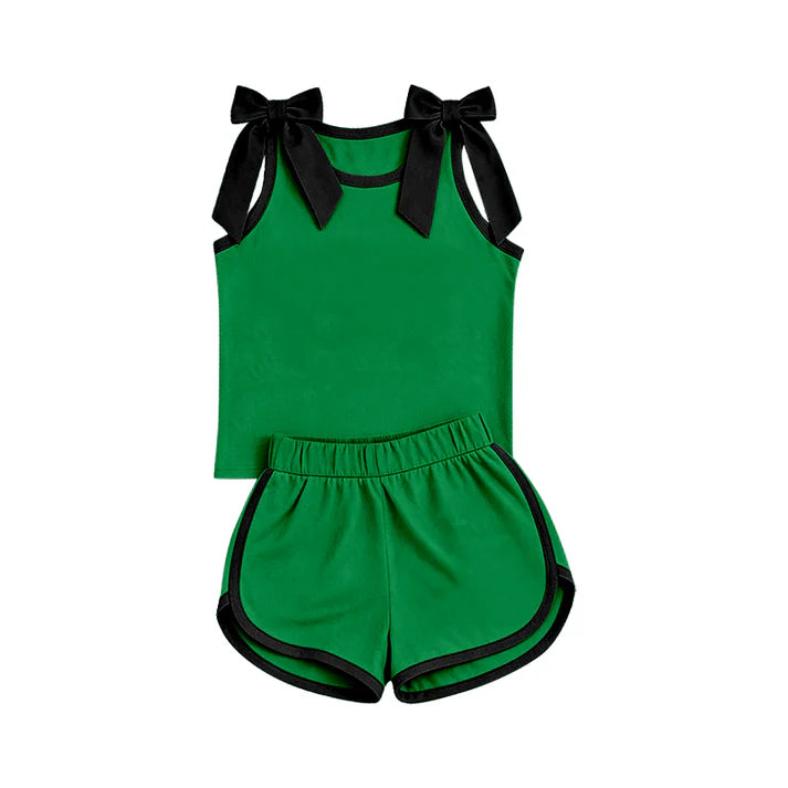 Preorder Baby Girls Green Black Bows Sleeveless Top Short Clothes Sets GSD3825