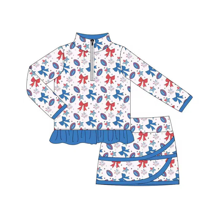 Preorder (moq 5)Baby Girls Footballs Fireworks Zip Ruffle Pullover Skirt Shorts Team Clothes Sets 1.7