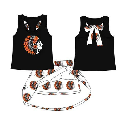 Preorder (moq 5)Baby Girls Black Orange India bow vest team Top Skirt Skort Sets 8.13
