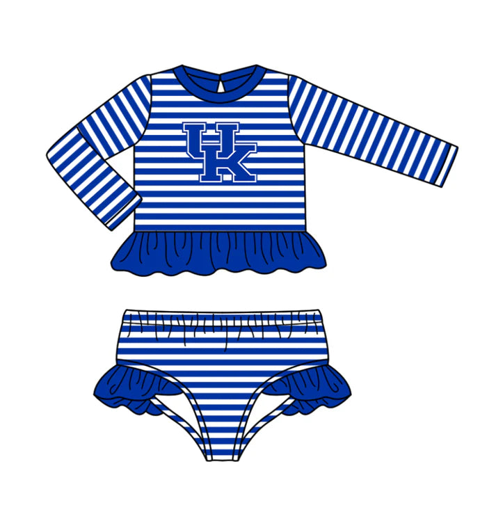 Preorder (moq 5)Baby Girls Blue Stripe UK Ruffle Top Bummies Team 2 Piece Swimsuits 12.25