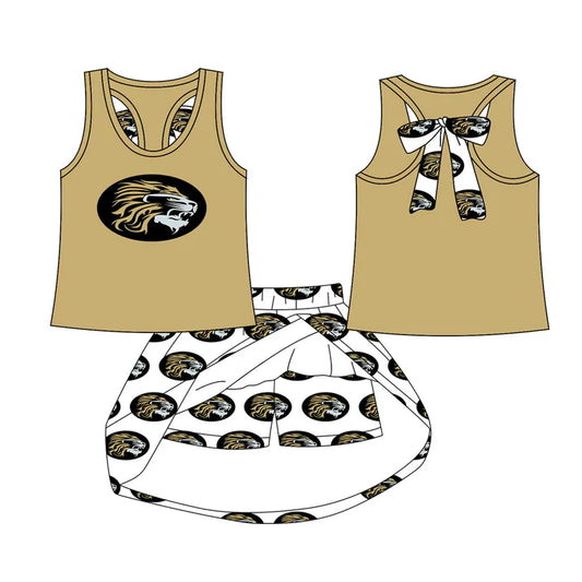 Preorder (moq 5)Baby Girls Kaufman Lion bow vest team Top Skirt Skort Sets 8.13