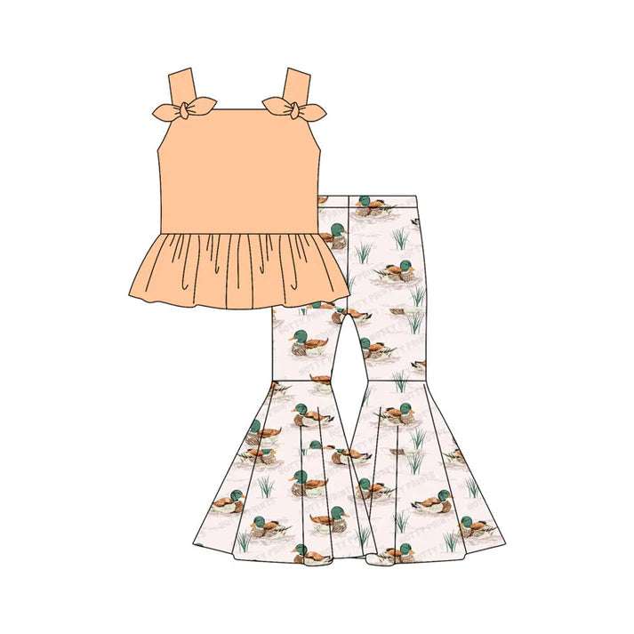 Preorder moq 5 Baby Girls Peach Strap Bows Tunic Ducks Bell Bottom Pants Set 4.30