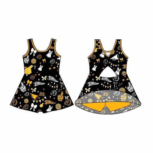 Preorder (moq 5)Baby Girls Sleeveless Black Bulldogs Bows Football Team Shorts Dresses 7.17