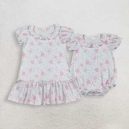 Sibling Baby Girls Short Ruffle Sleeve Flowers Knee Length Dress Rompers
