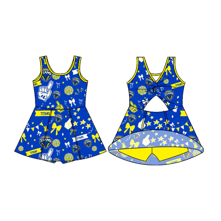 Preorder (moq 5)Baby Girls Sleeveless Blue Titans Football Team Shorts Dresses 7.11