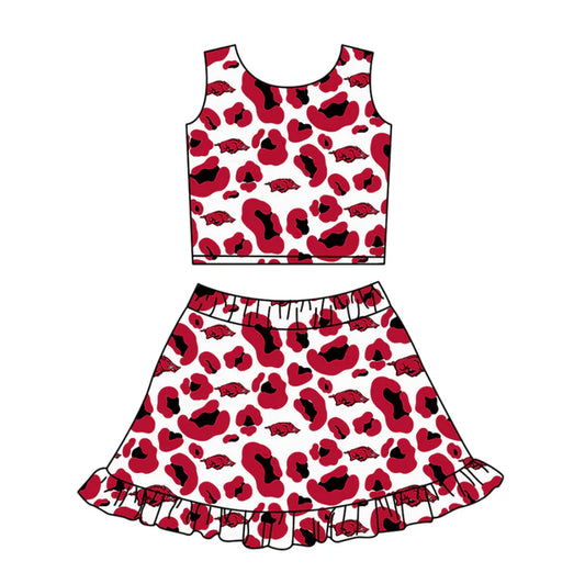Preorder (moq 5)Baby Girls Red Leopard Bulls Vests Ruffle Skirt Shorts Team Clothes Set 1.10