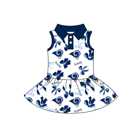 Preorder (moq 5)Baby Girls Sleeveless Blue Bows RAMS Button Team Knee Length Dresses 8.11