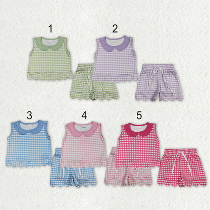 Sibling Baby Girls Short Sleeve Collar Checked Top Pockets Shorts Scallop Clothes Sets